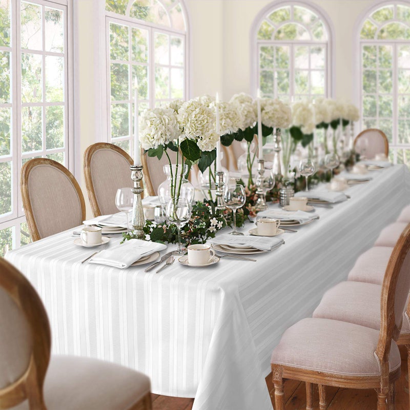 Newbridge 52 x 52 Inch Square White Spring and Easter Fabric Tablecloth, Denley Satin Stripe, Heavy Weight No Iron Polyester Holiday Dining & Party Table Cover - Image 2